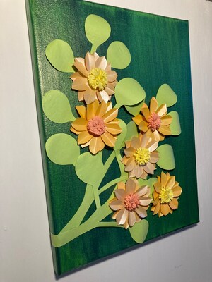Hand Cut Orange Paper Flowers on 9x12 Inch Canvas Painted with Green Acrylic Original 3D Art Wall Hanging - image4